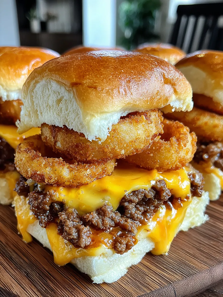 A cheeseburger with onion rings on top.