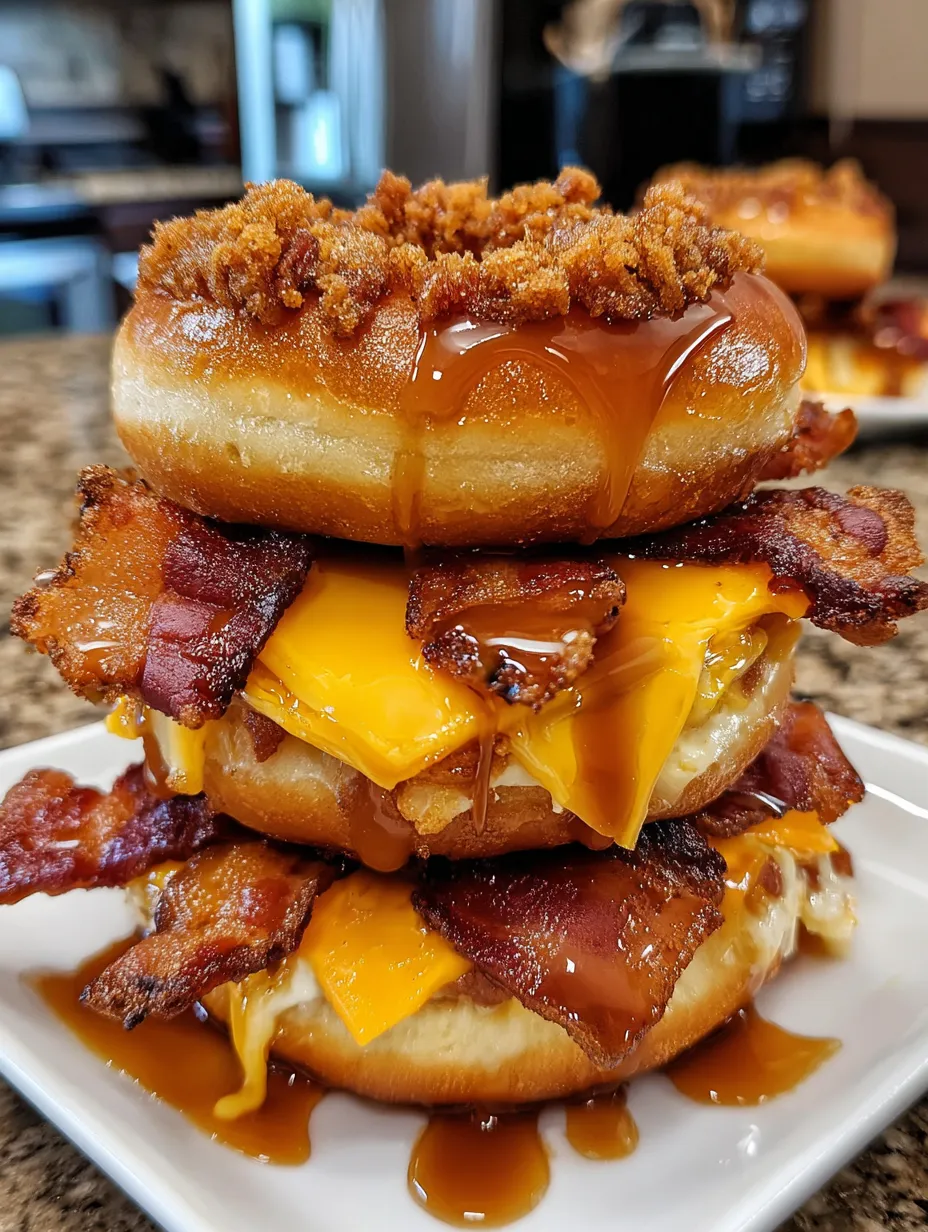A stack of donuts with bacon and cheese on top.