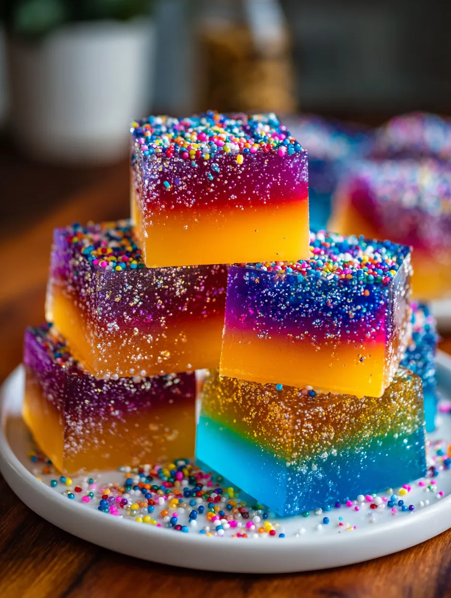 Rainbow colored cake on a plate.