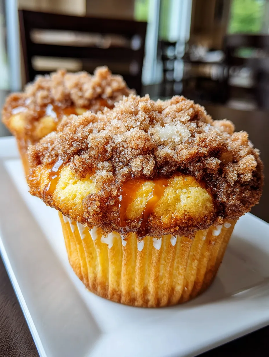 Two muffins with caramel sauce on top.