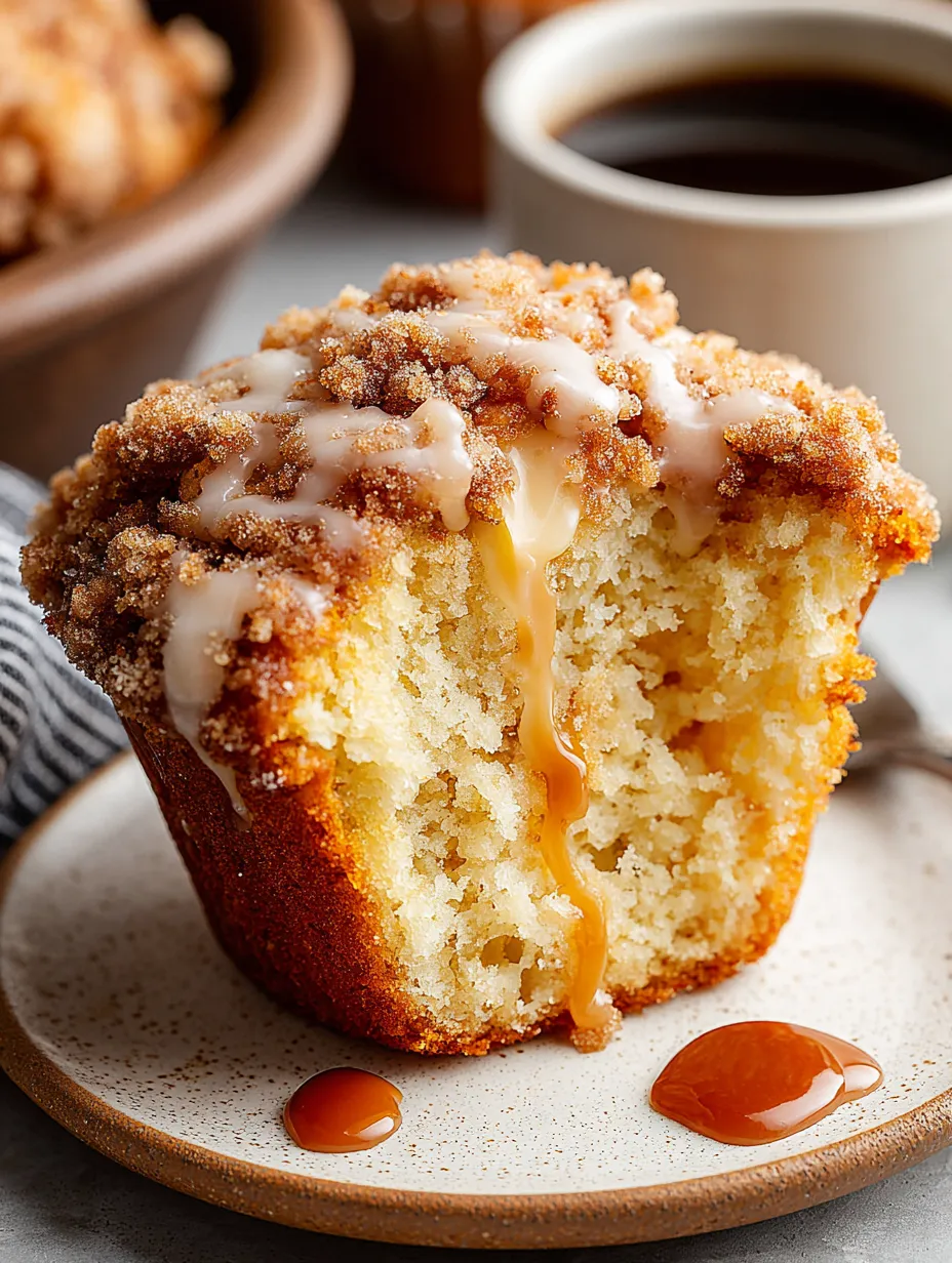 A slice of coffee cake muffin with a drizzle of caramel sauce.