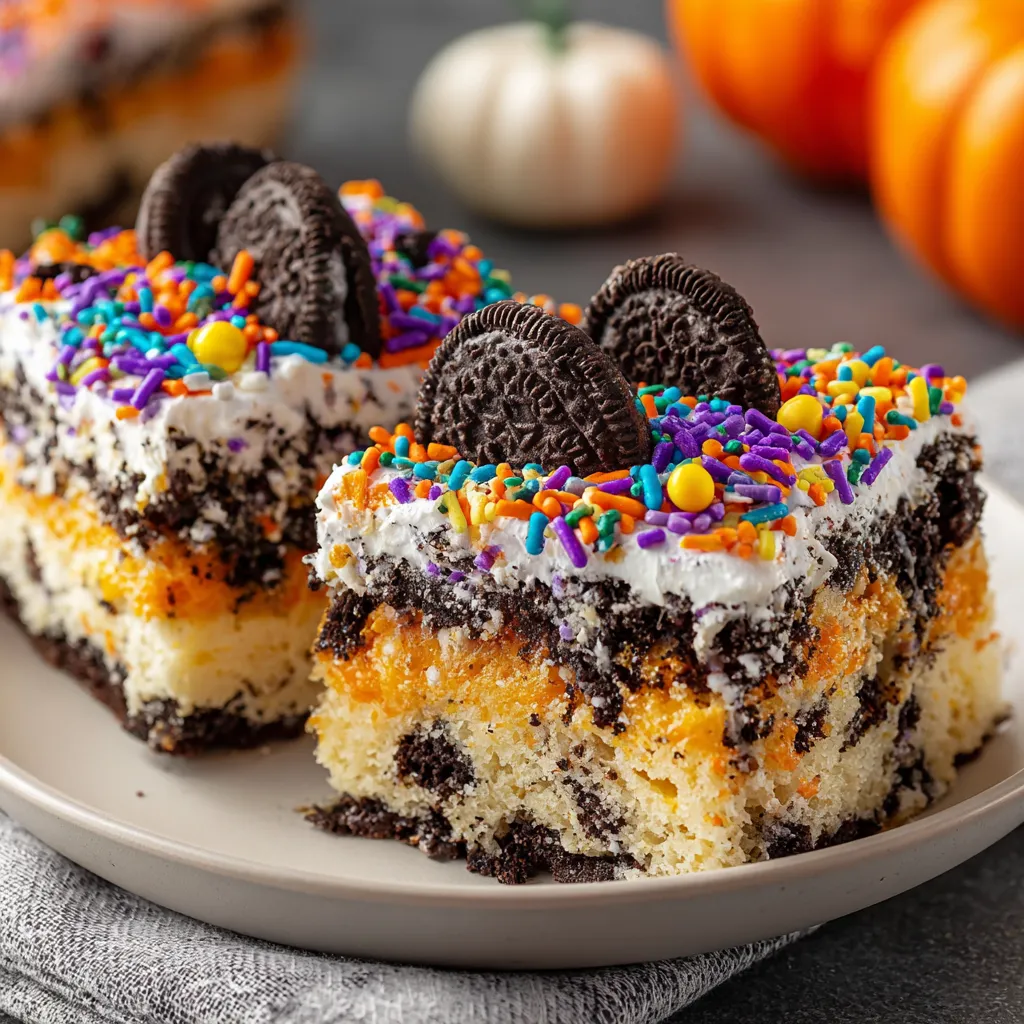 A slice of Halloween Oreo Cake Bars.