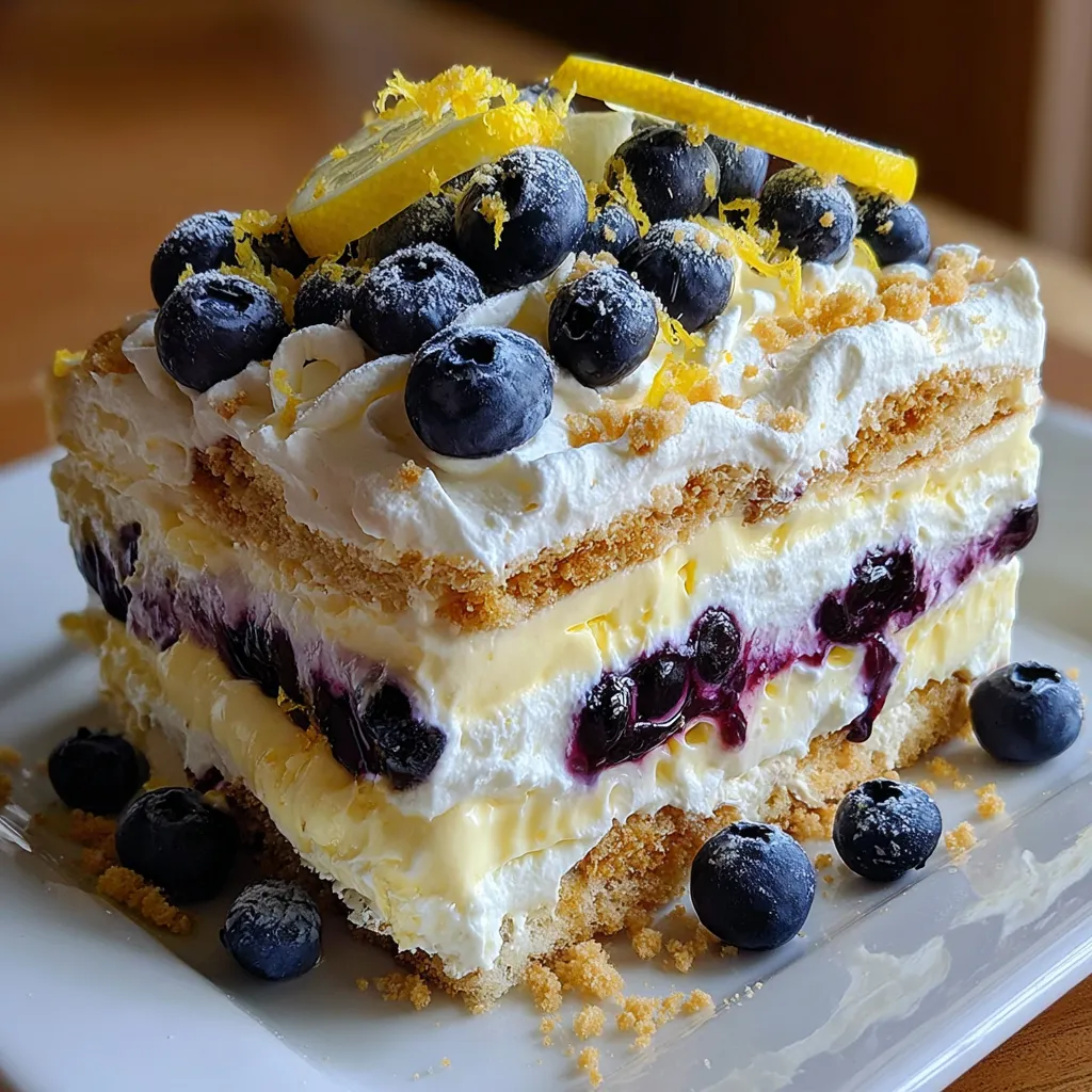 A slice of lemon blueberry icebox cake.