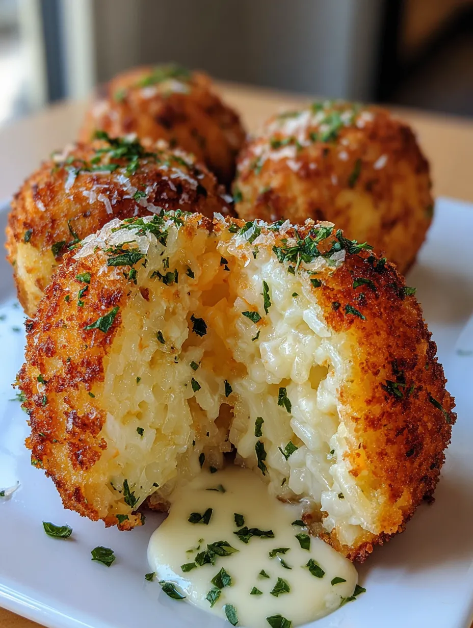 A plate of baked arancini with sauce.