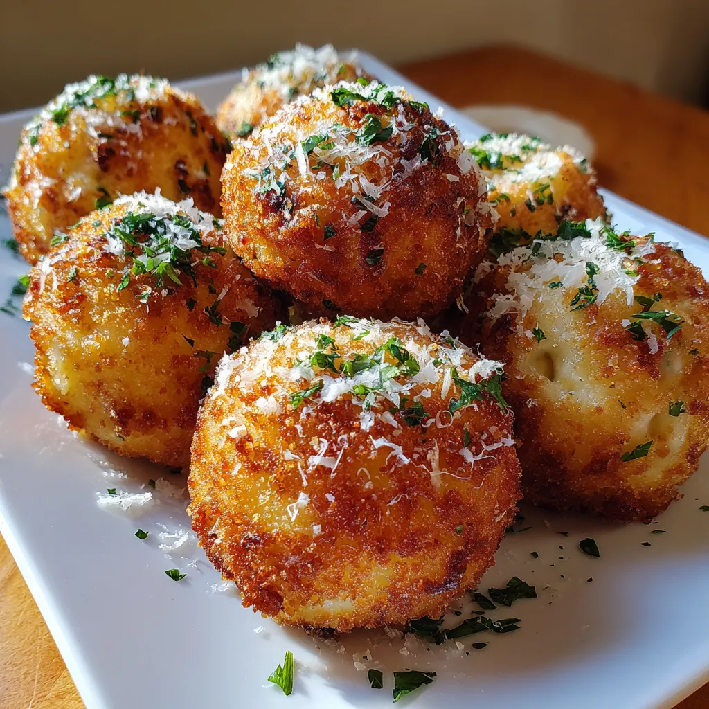 A plate of baked Arancini with cheese and herbs.