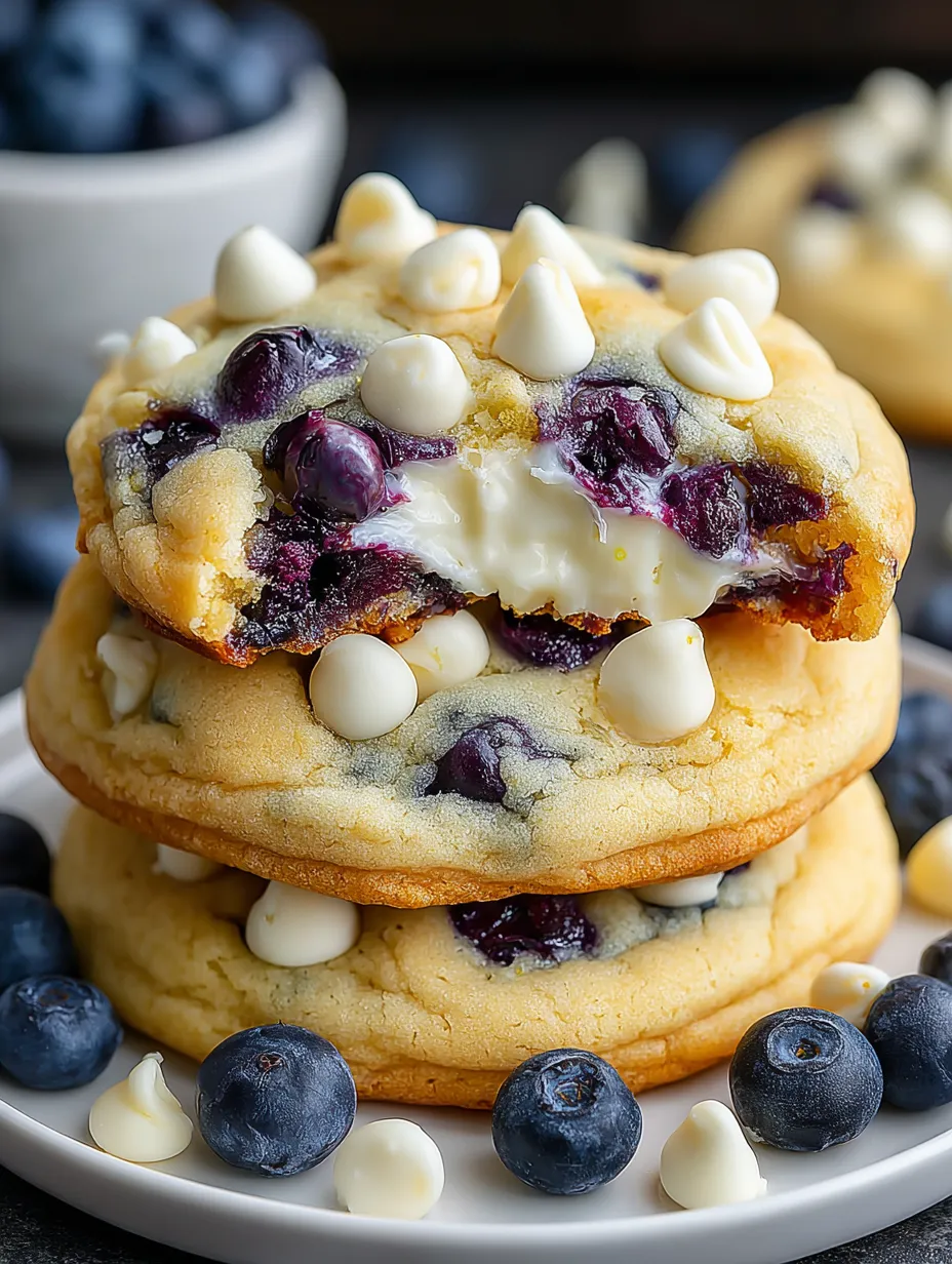 A stack of three lemon blueberry cheesecake cookies.