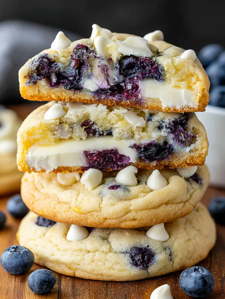 Three stacked cookies with blueberries and white frosting.