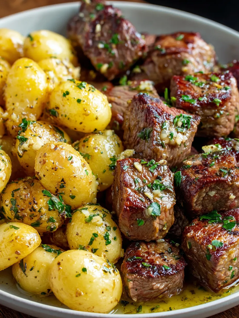 A plate of beef and potatoes with garlic butter.
