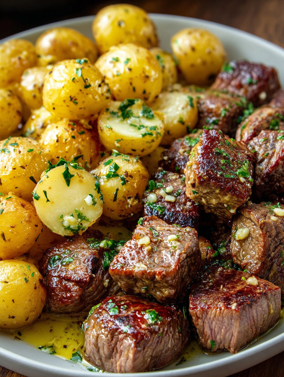 A plate of garlic butter beef bites and potatoes.