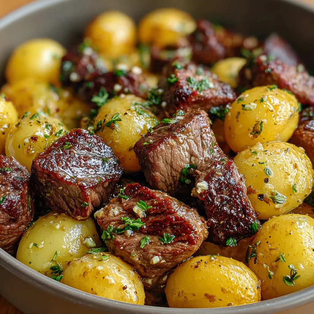 A bowl of beef and potatoes with garlic butter.