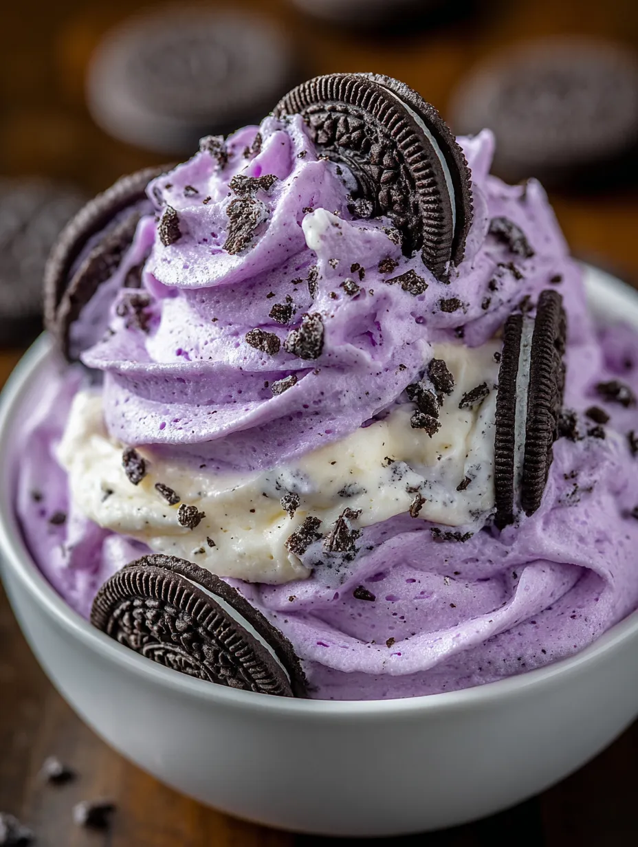 A bowl of Halloween Oreo cheesecake fluff.