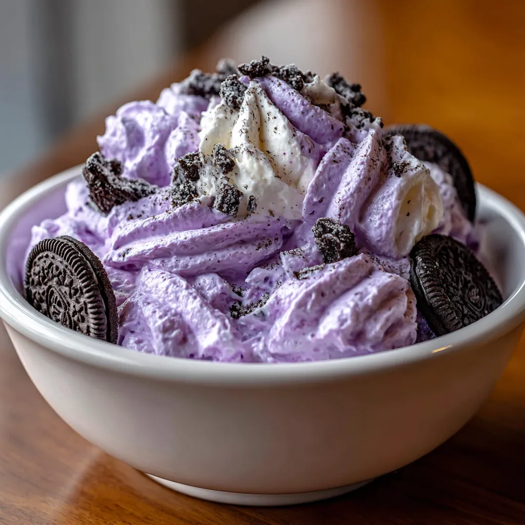 A bowl of Halloween Oreo cheesecake fluff.