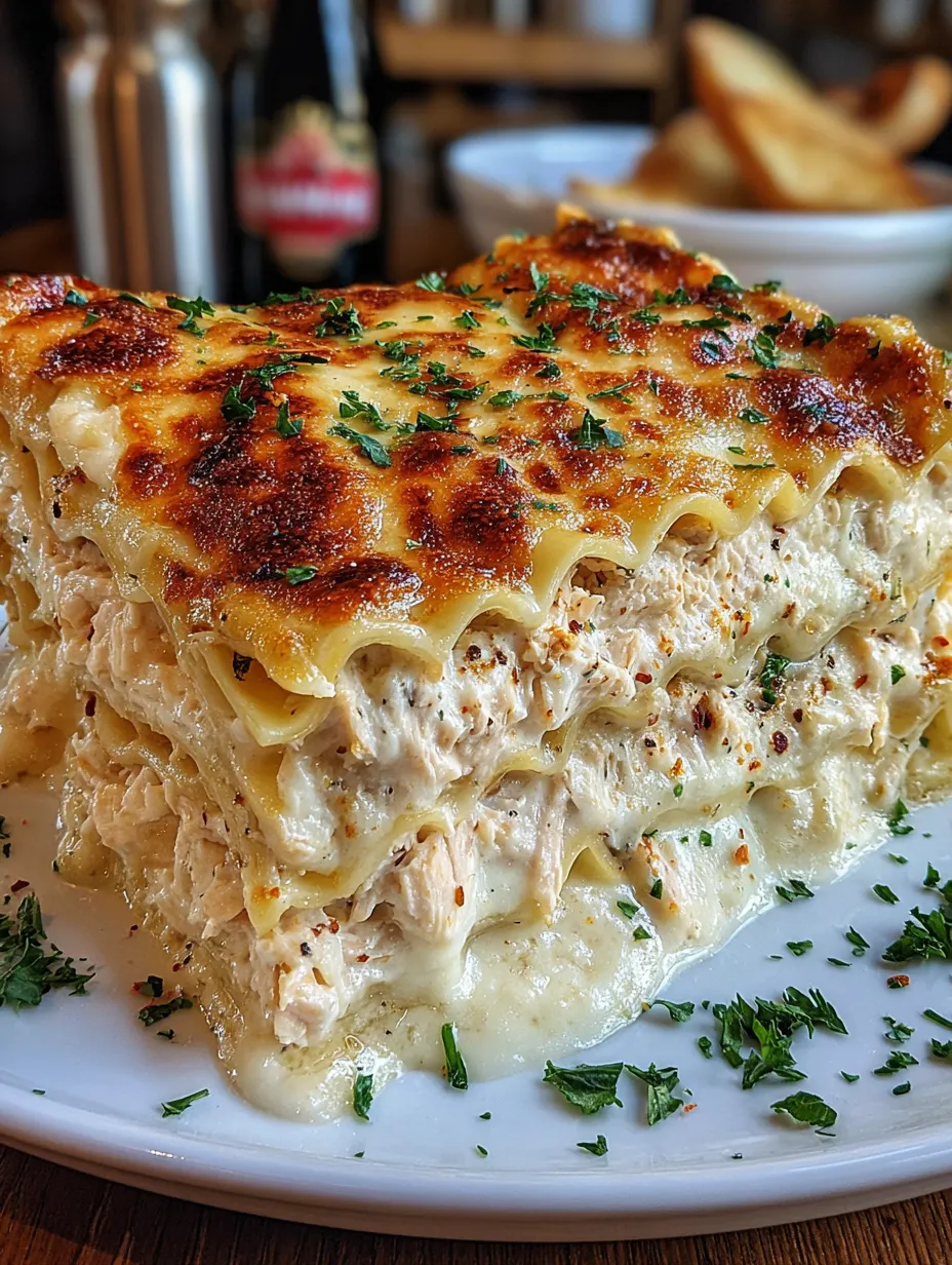 A plate of chicken Alfredo lasagna.