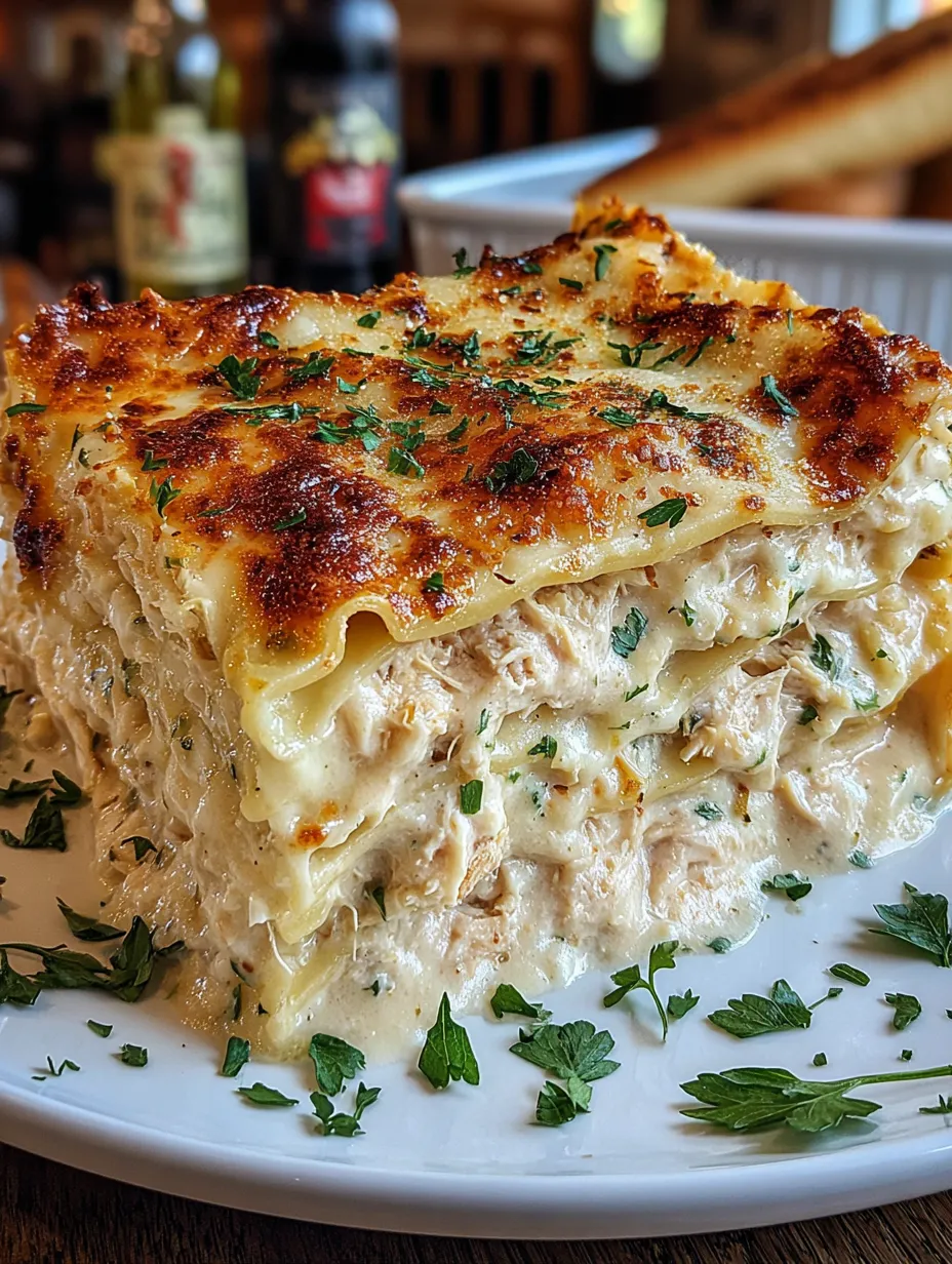 A plate of chicken Alfredo lasagna.