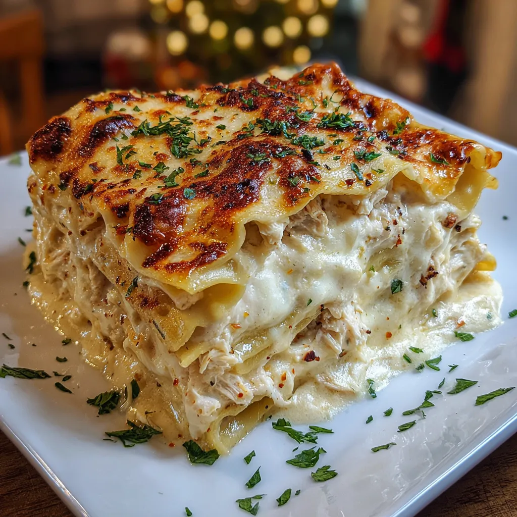 A plate of chicken Alfredo lasagna.