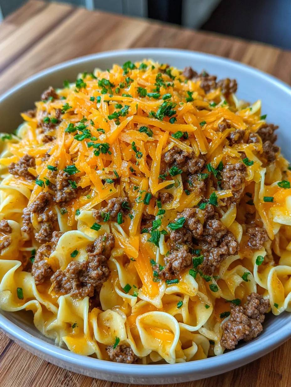A bowl of cheesy beef noodle casserole.