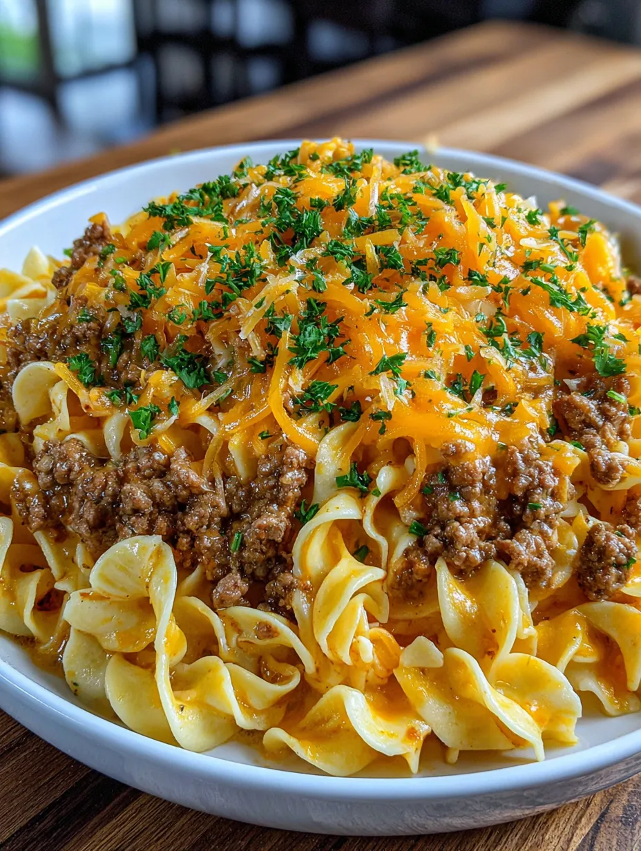 A plate of cheesy beef noodle casserole.