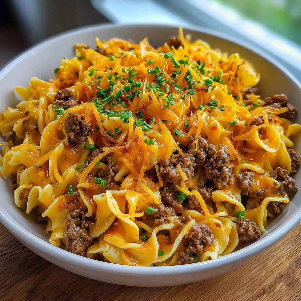 A bowl of cheesy beef noodle casserole.