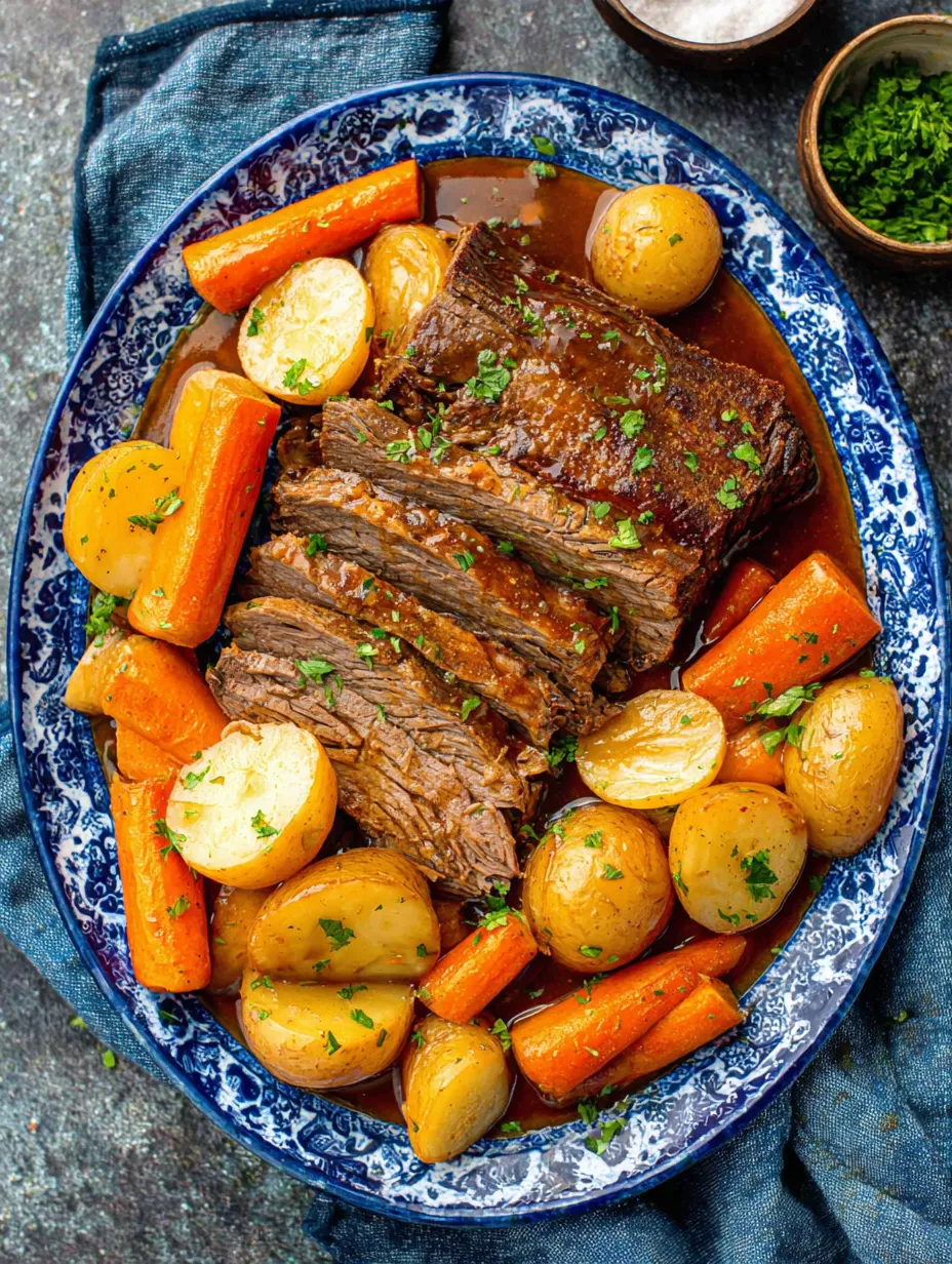 A plate of slow cooker roast beef with potatoes and carrots.