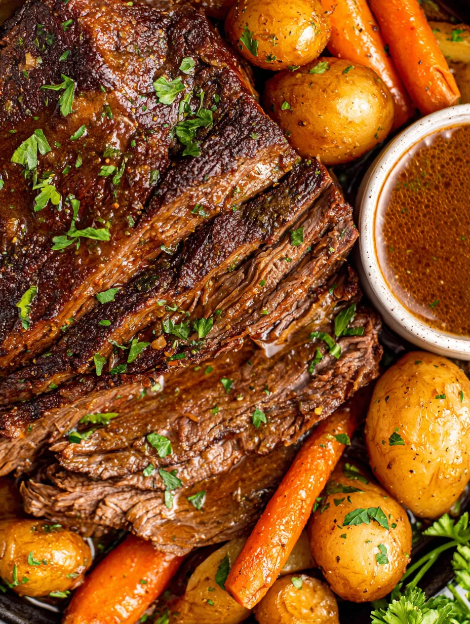 A roast beef dinner with potatoes and carrots.