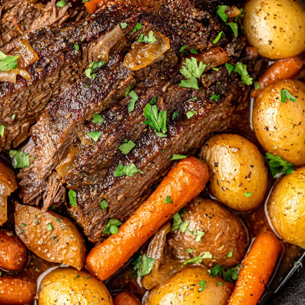 A slow cooker roast beef with carrots and potatoes.