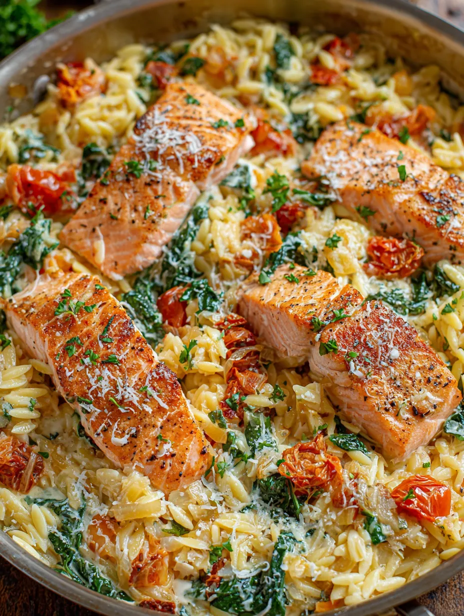 A dish of creamy garlic tuscan salmon pasta.