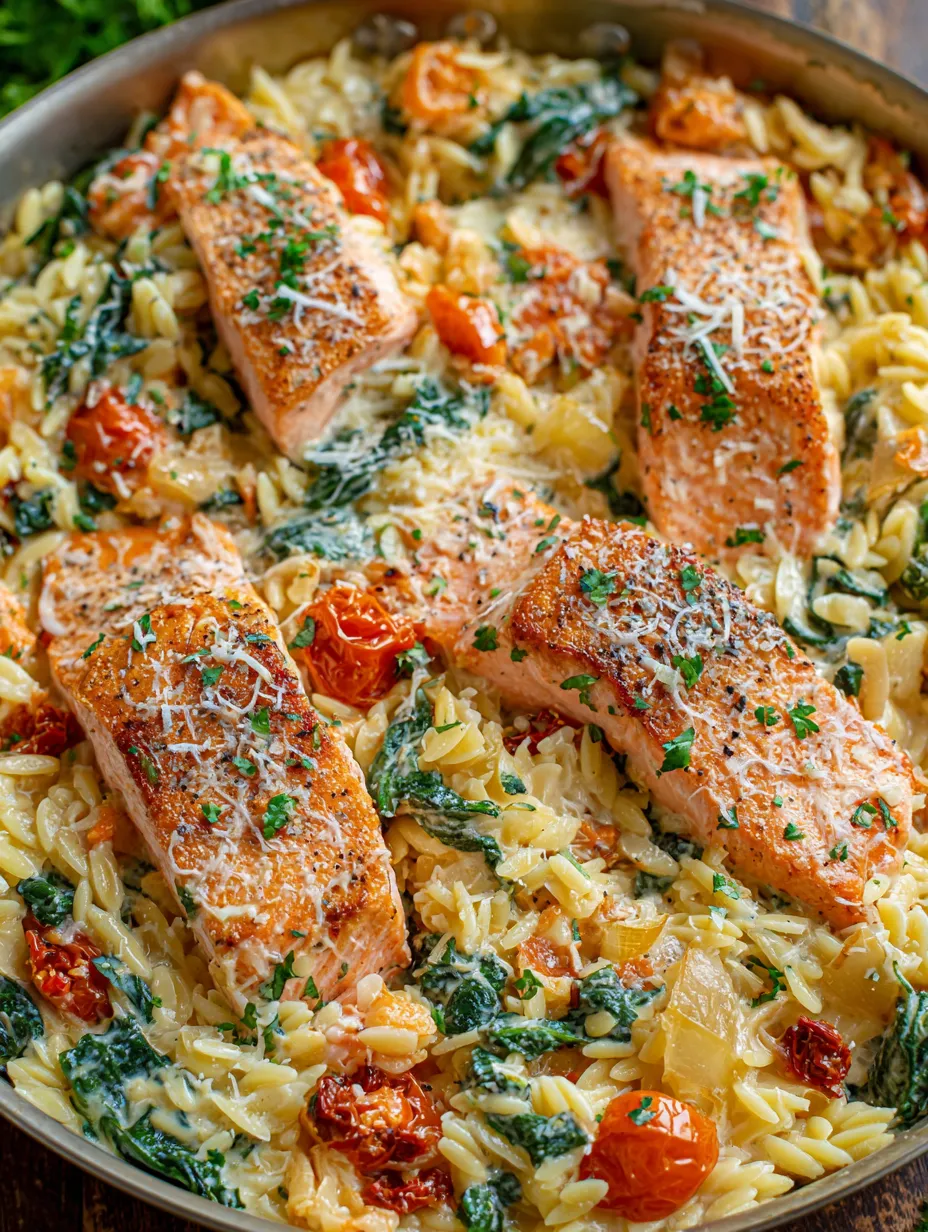 A dish of creamy garlic tuscan salmon pasta.