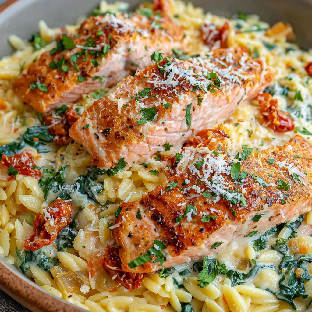 A dish of creamy garlic tuscan salmon pasta.