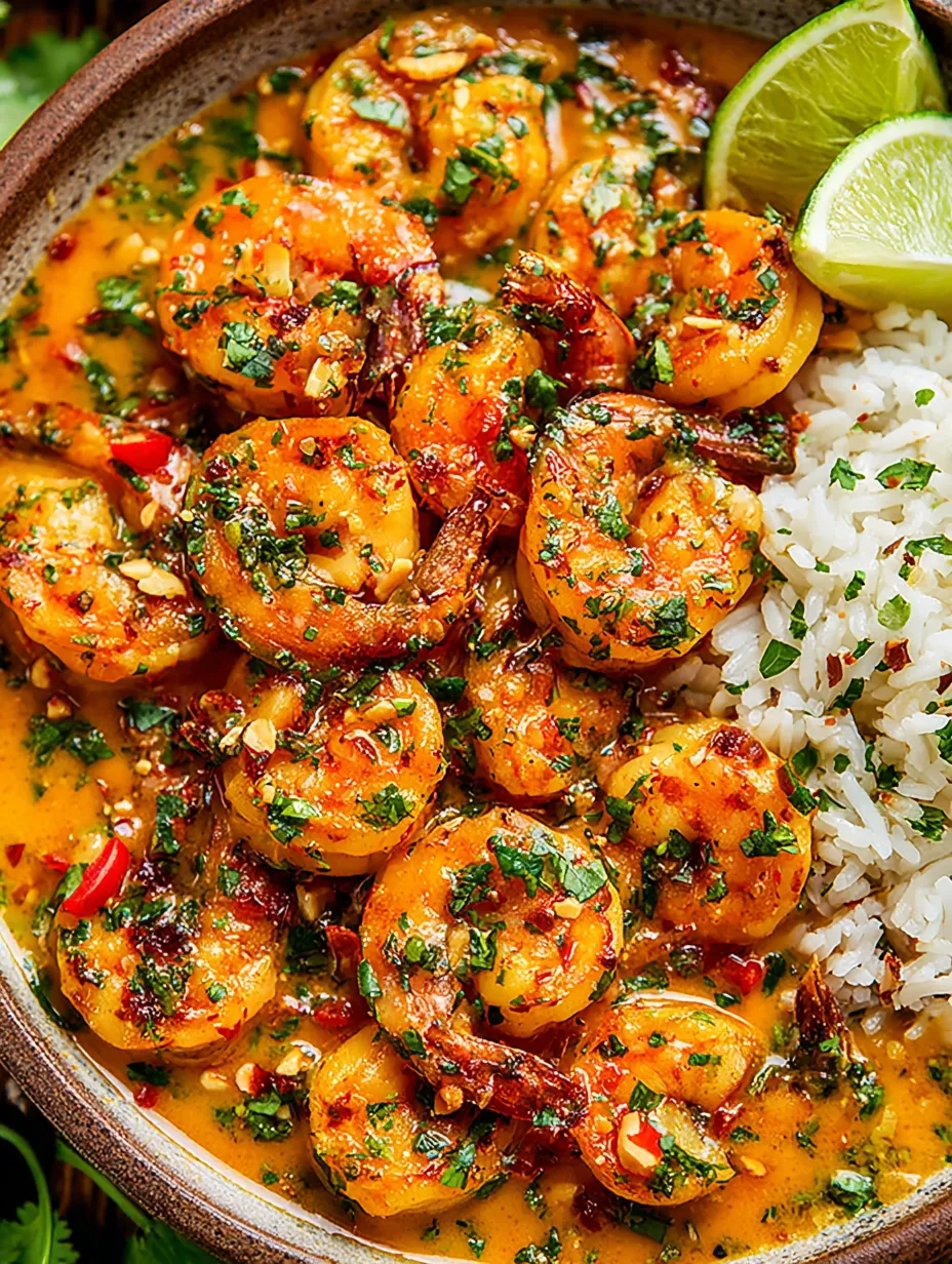 A bowl of shrimp in a creamy coconut sauce.