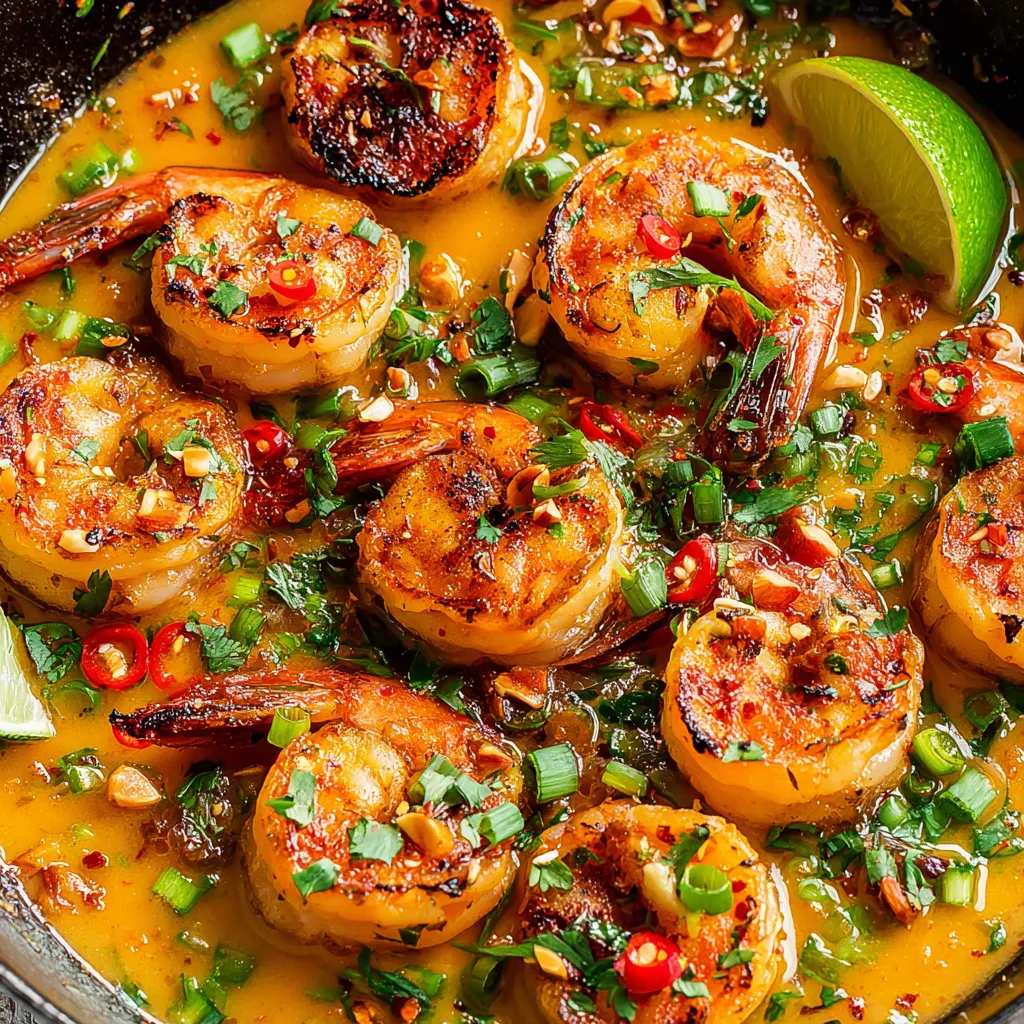 A bowl of shrimp in a creamy coconut sauce.