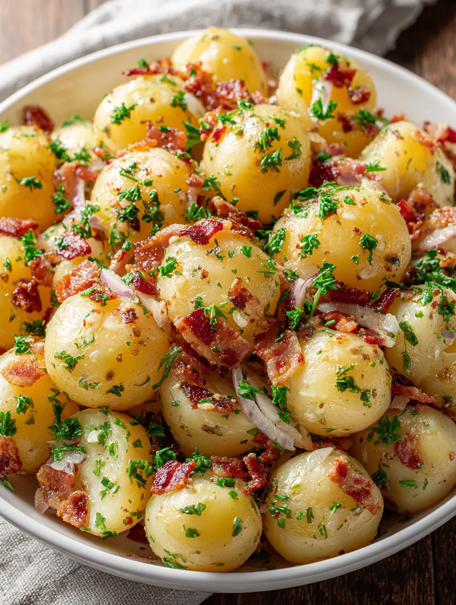 A bowl of potatoes with bacon and parsley.