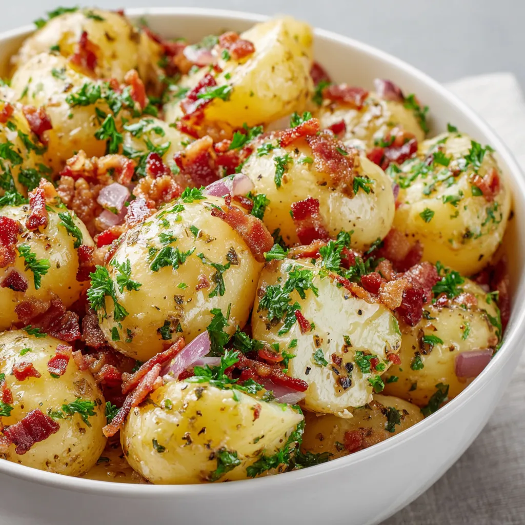 A bowl of potatoes with bacon and onions.