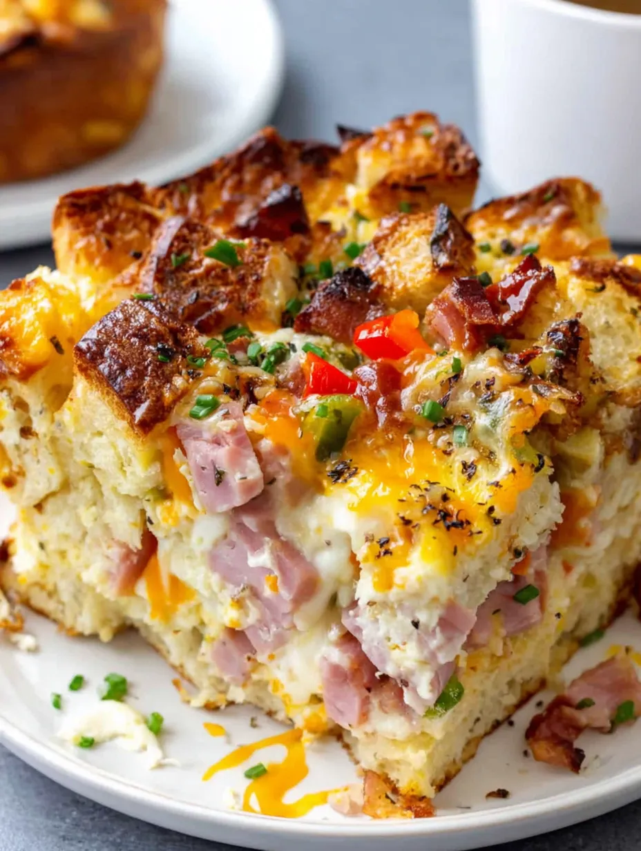 A delicious looking casserole with bacon, cheese, and peppers.