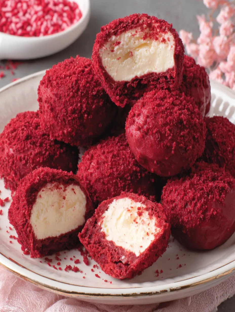 A plate of red velvet cheesecake bites.