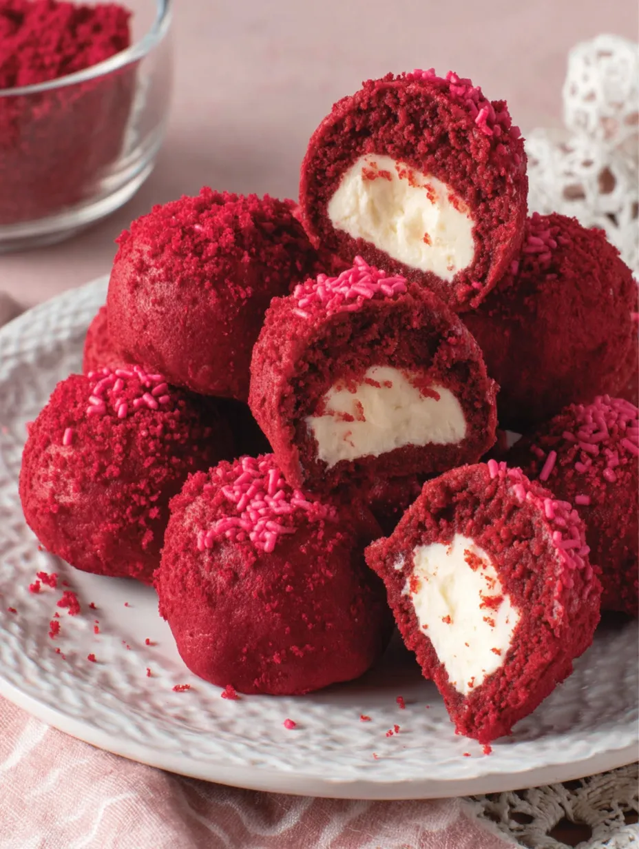 Red velvet cheesecake bites on a plate.