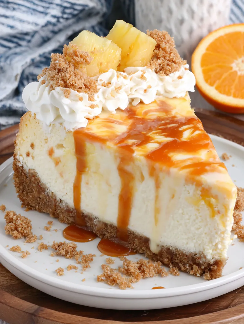 A slice of pineapple orange swirl cheesecake.