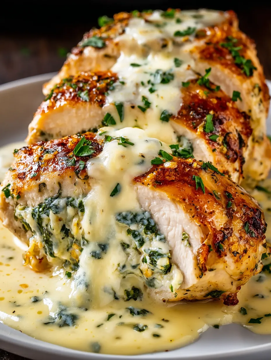 A piece of chicken with a creamy herb sauce.