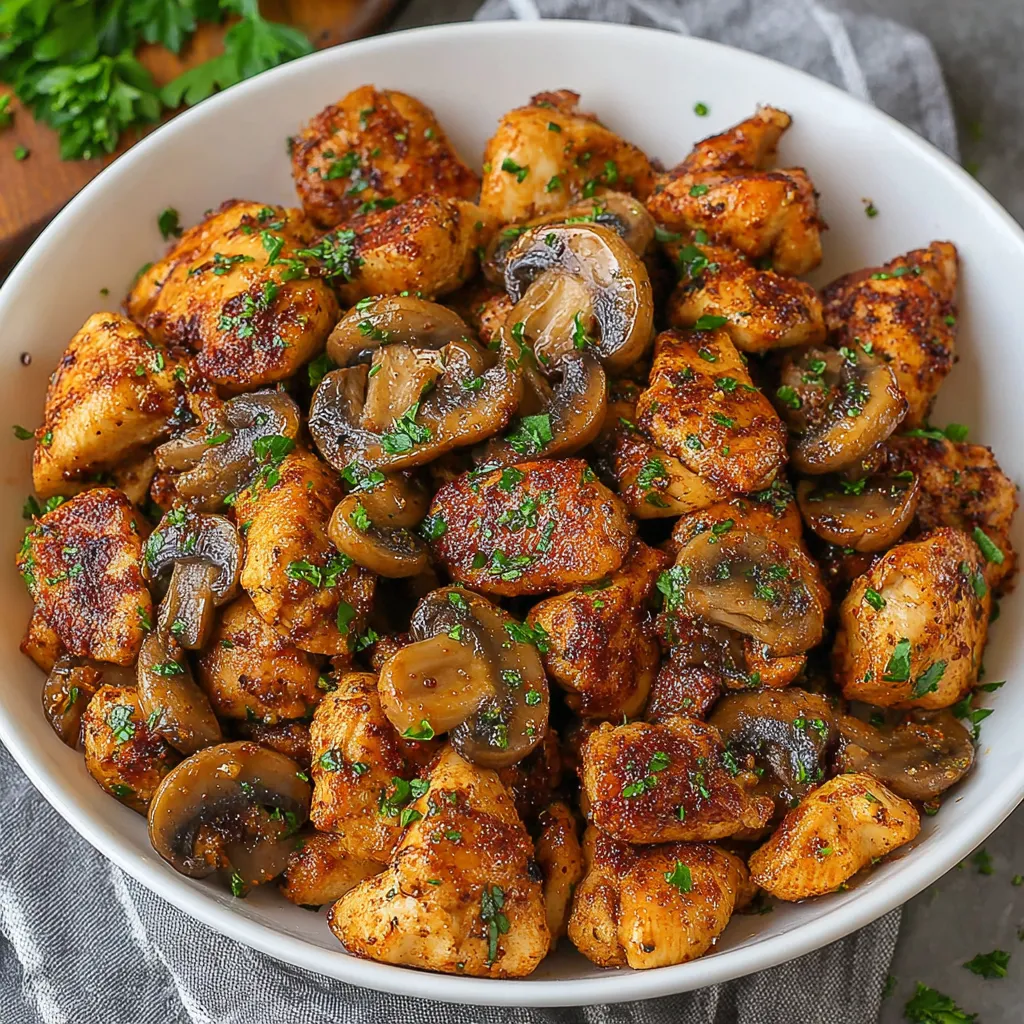 A bowl of Cajun Chicken Mushroom Bites.