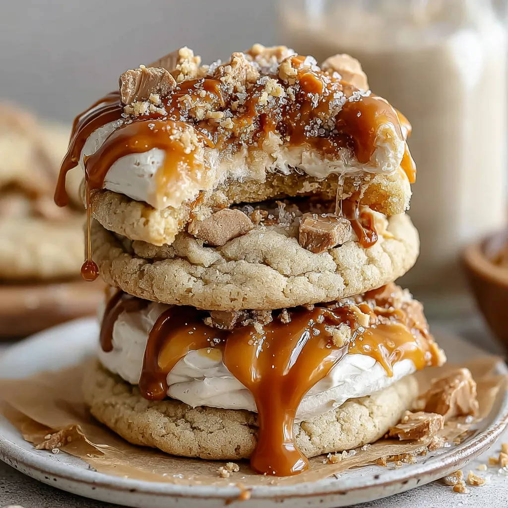 A stack of cookies with caramel drizzle and nuts.