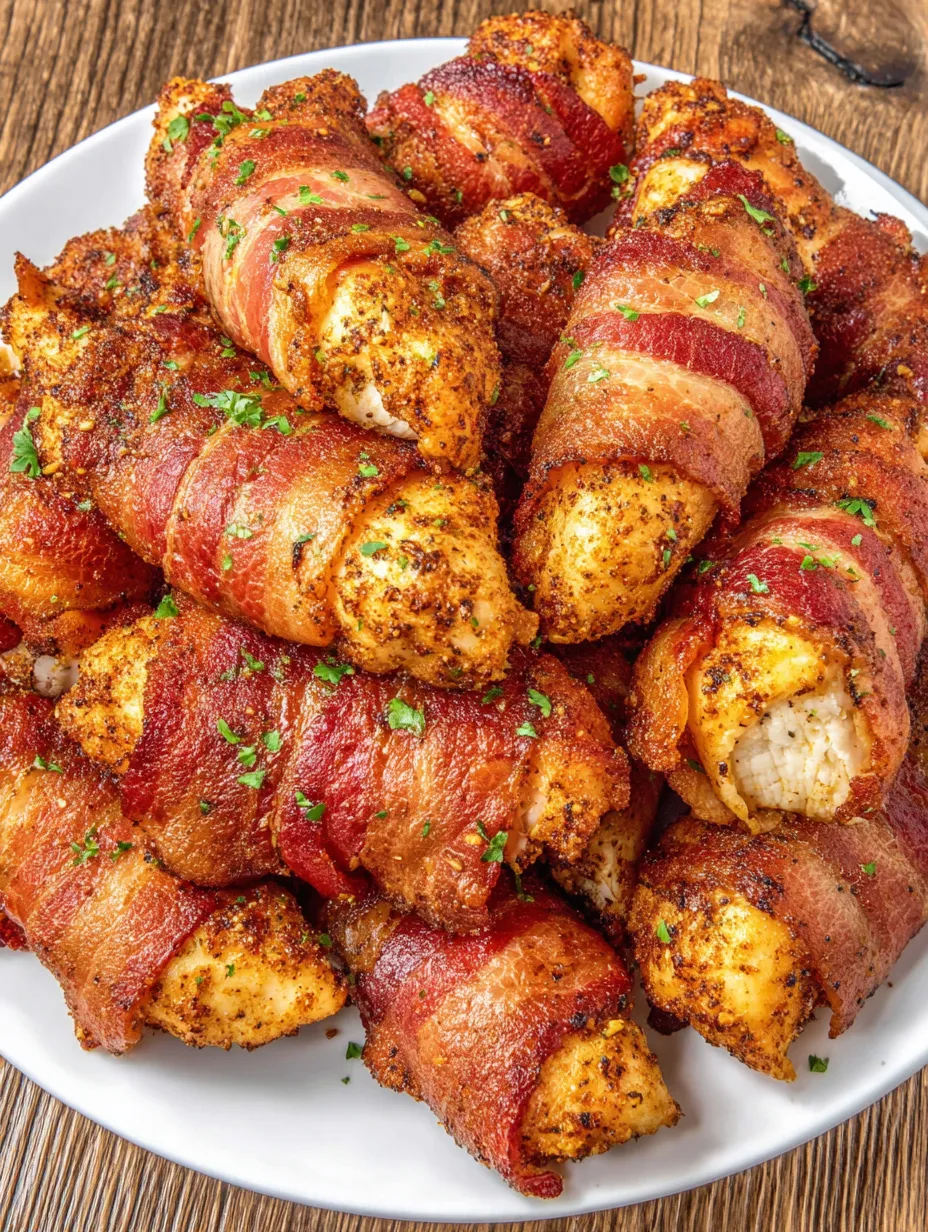 Bacon wrapped chicken tenders on a plate.