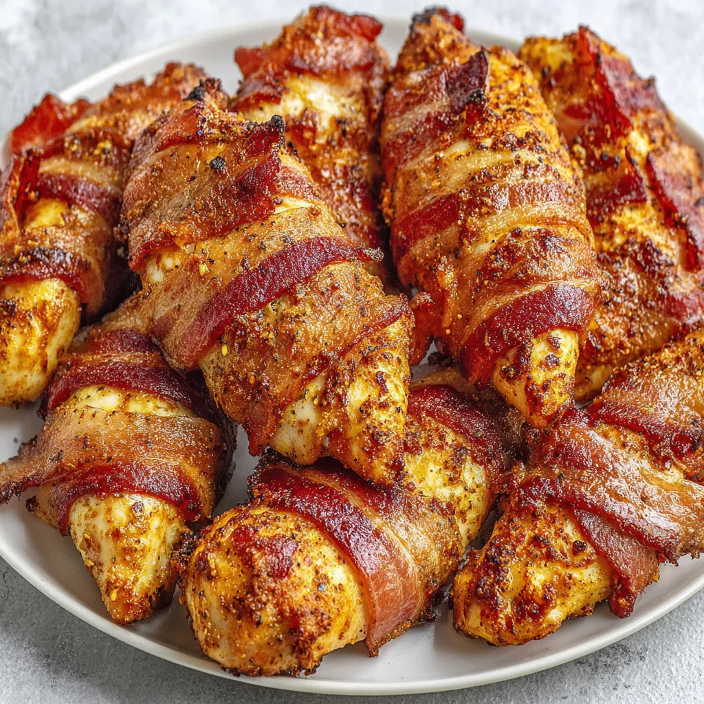 Bacon wrapped chicken tenders on a plate.