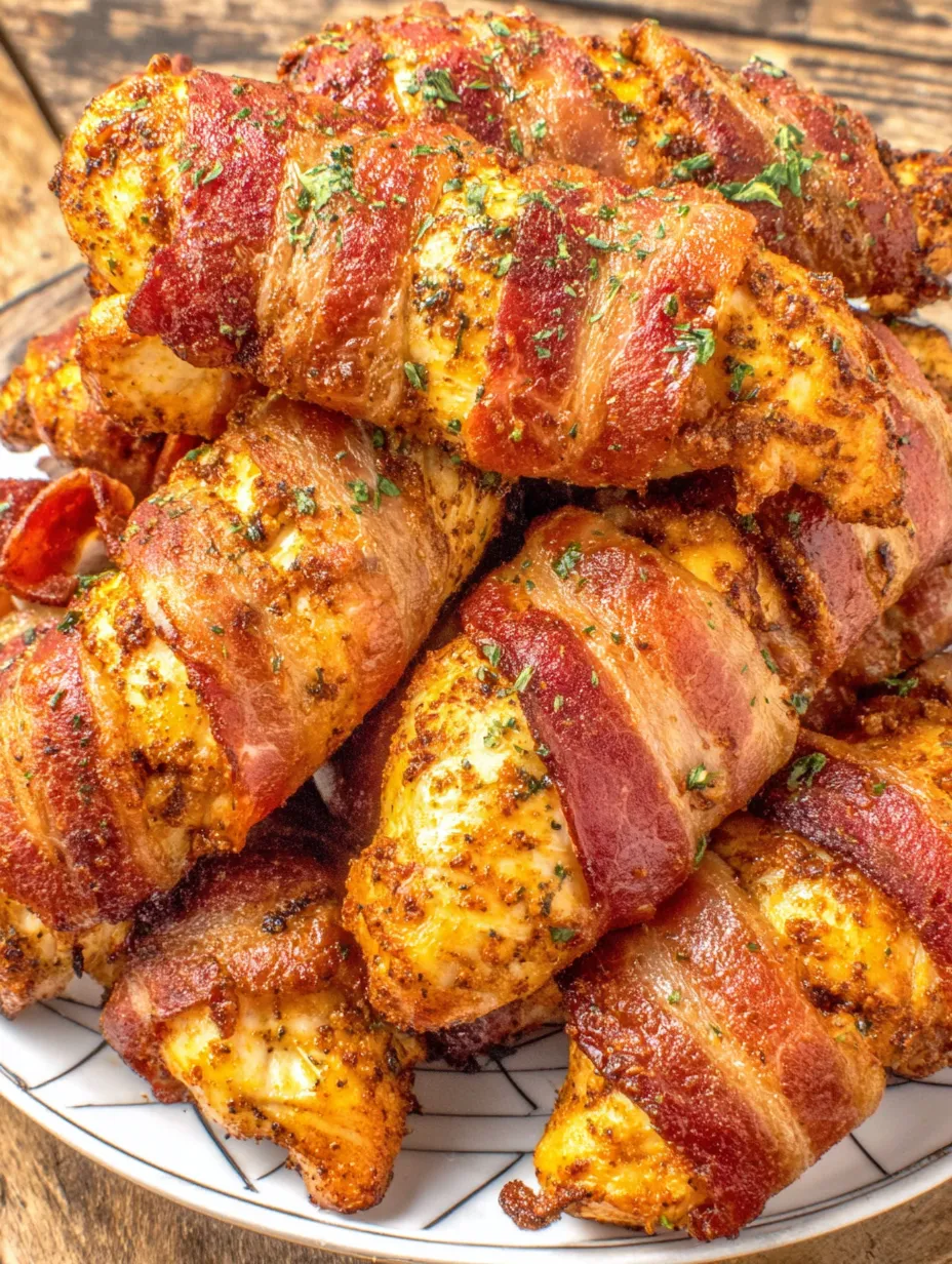 Bacon wrapped chicken tenders on a plate.