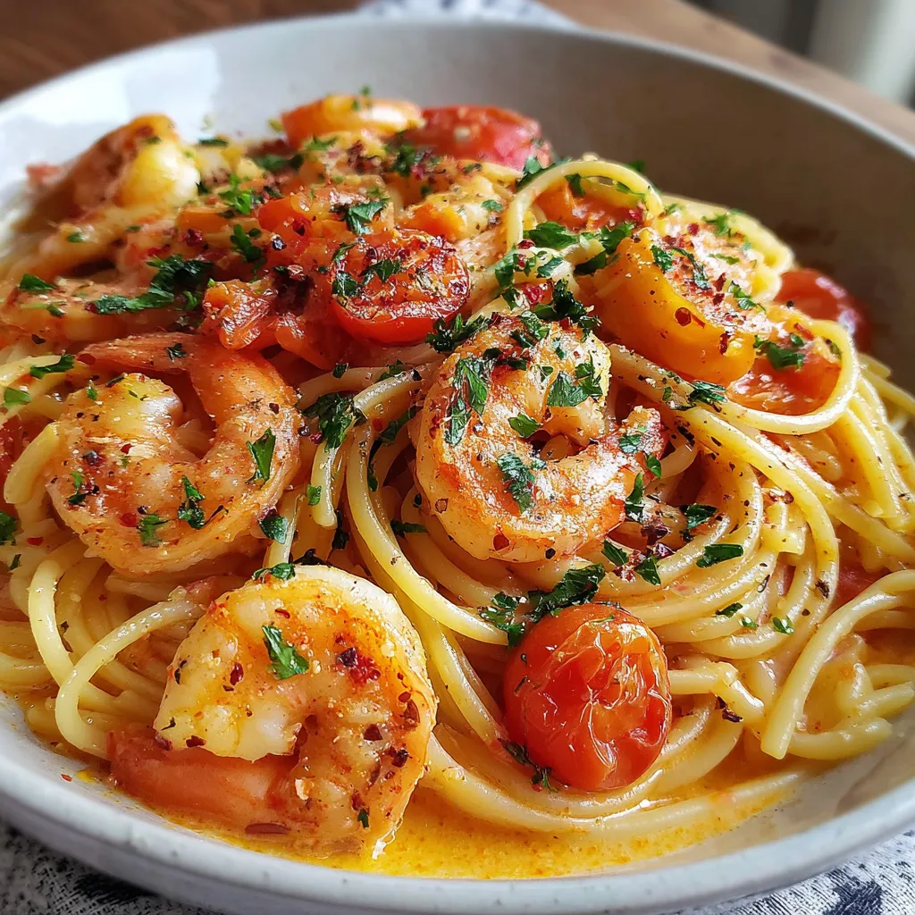 A plate of spaghetti with shrimp and tomatoes.