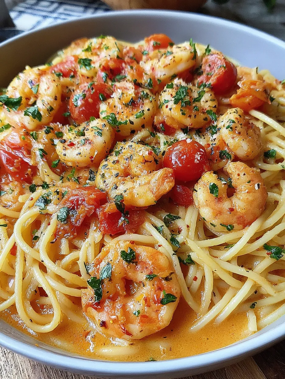 A plate of spaghetti with shrimp and tomatoes.