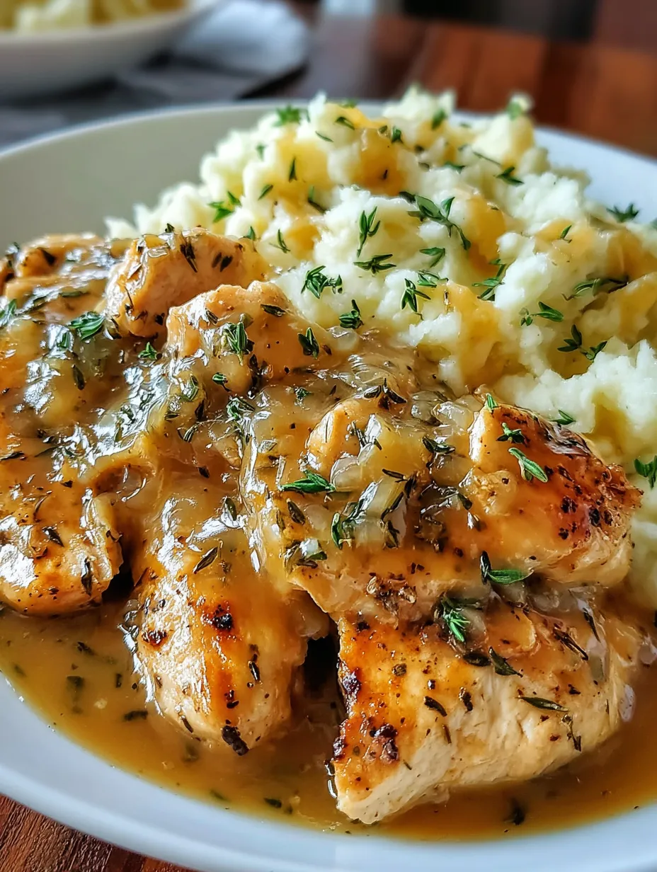 A plate of chicken and gravy.