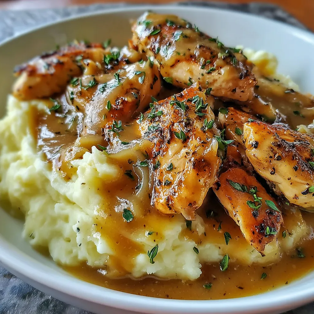 A plate of chicken and gravy.