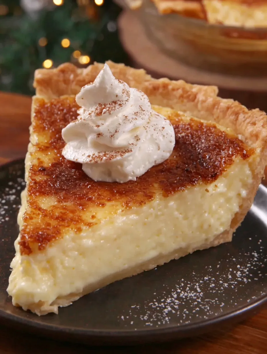 A slice of cinnamon-vanilla custard pie with whipped cream on top.