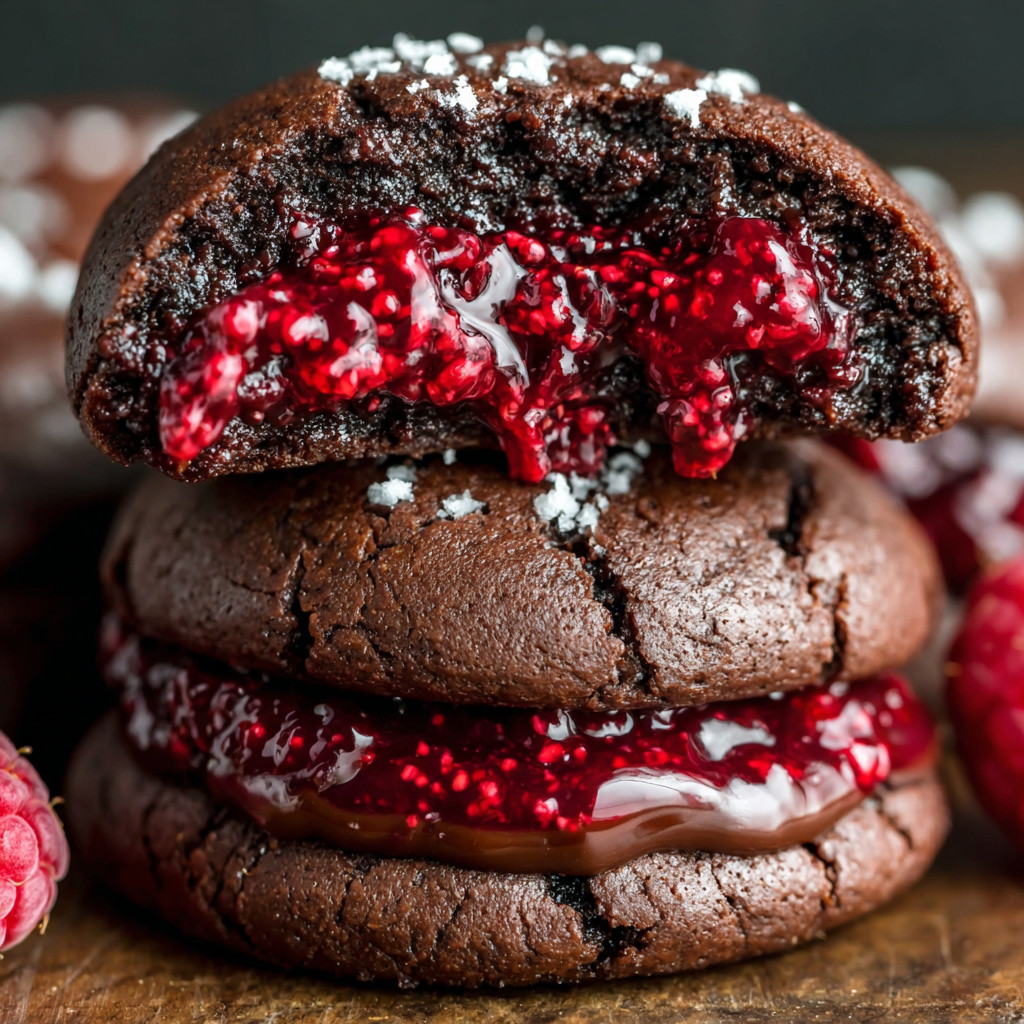A close up of a chocolate cookie with raspberry jam.