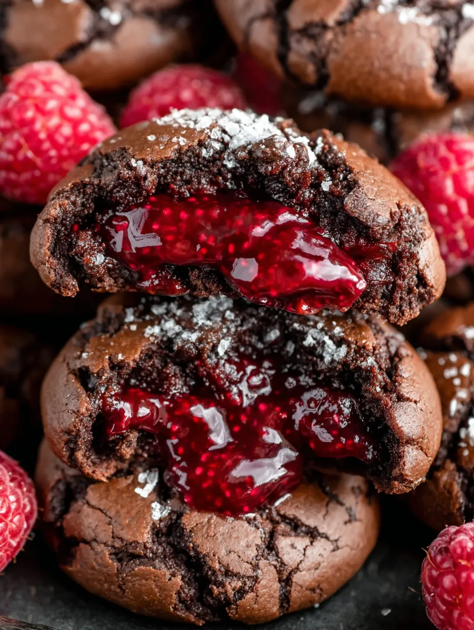 A chocolate cookie with raspberry jam in the middle.