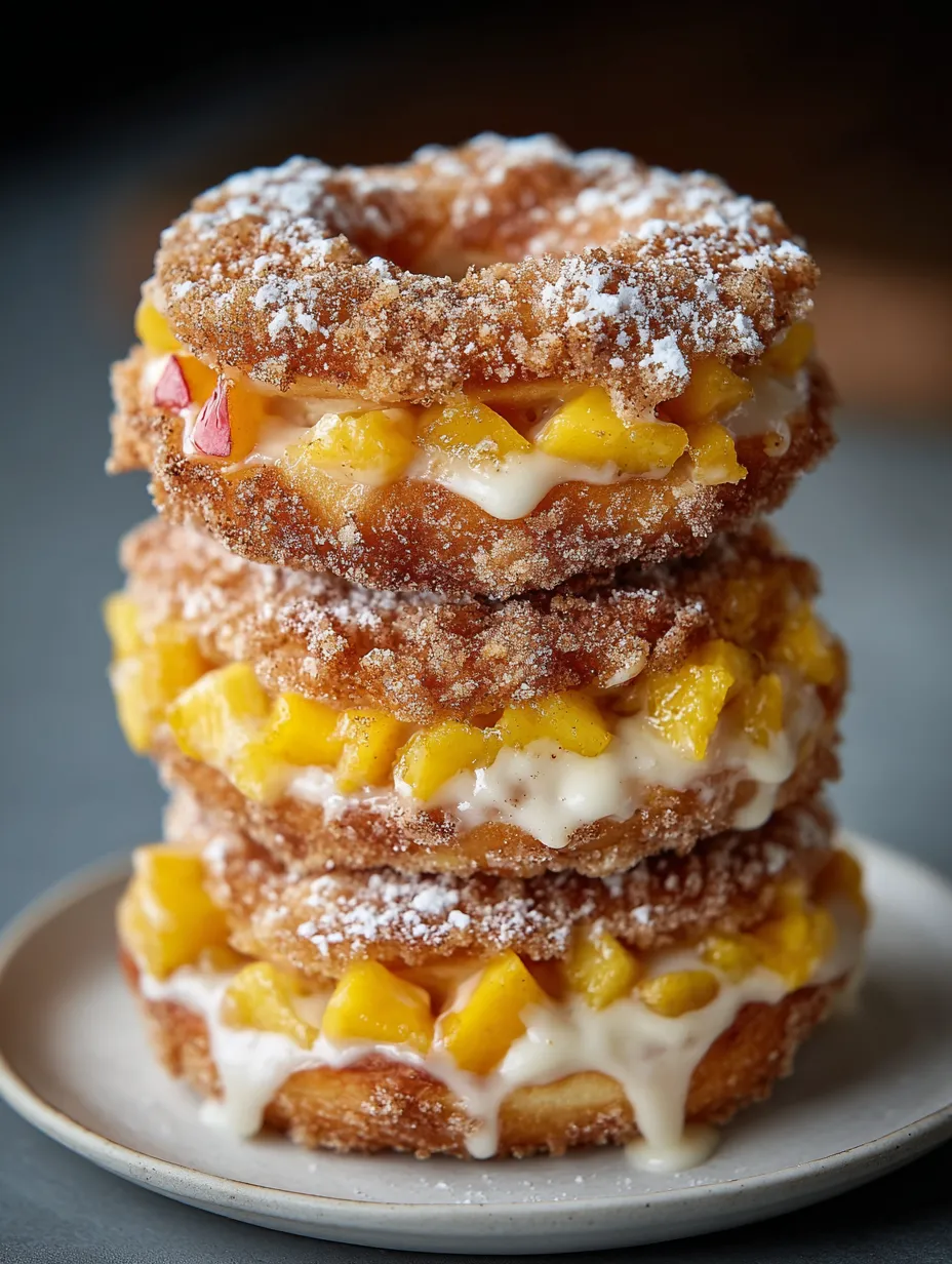 Peach Cobbler Cheesecake Donuts stacked on a plate.